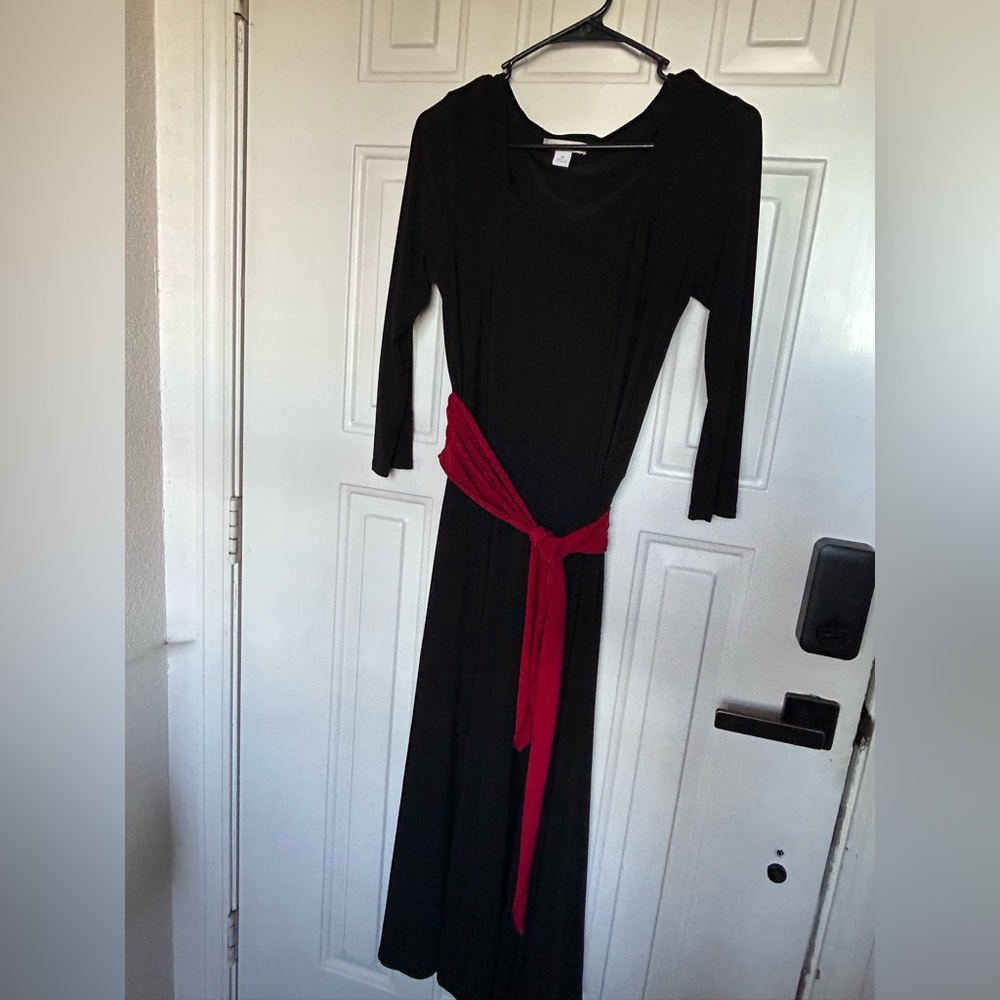 dressbarn Black Quarter Sleeve Dress with Red Sash